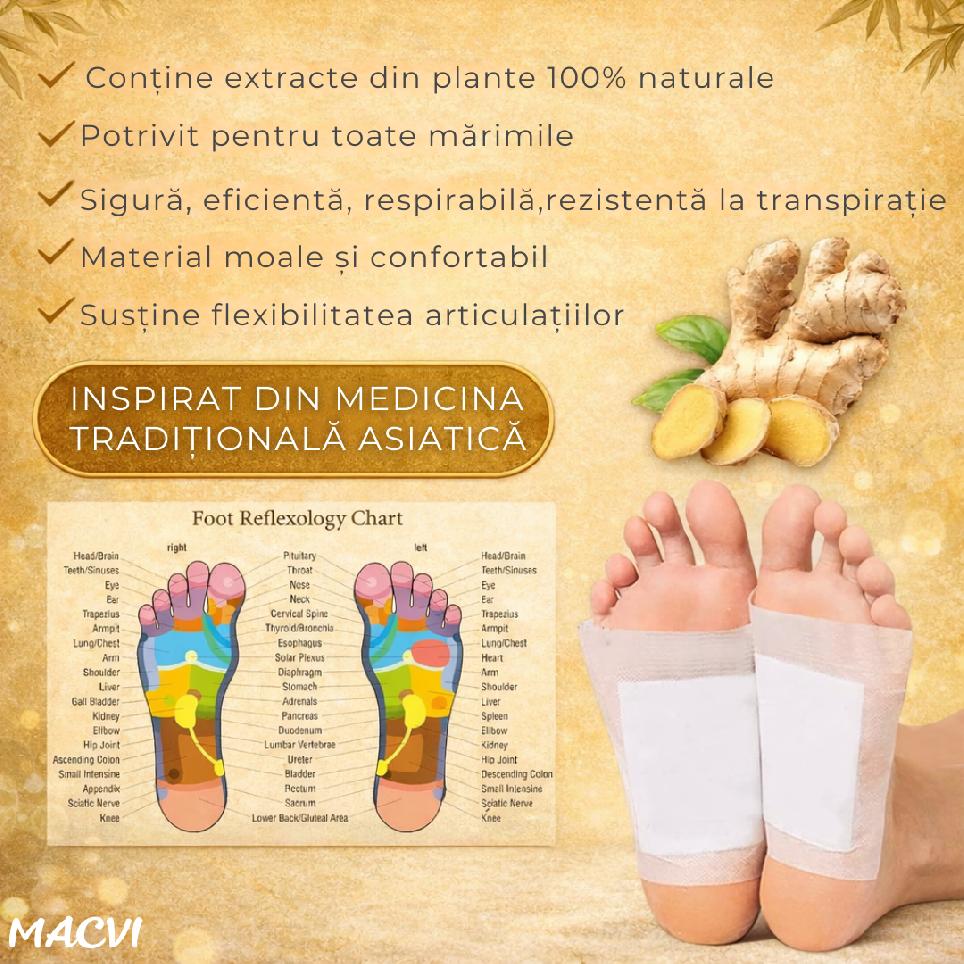 Plasturi detoxifiere, Macvi®, cu ghimbir, 10 bucati, pentru picioare