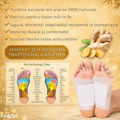 Plasturi detoxifiere, Macvi®, cu ghimbir, 10 bucati, pentru picioare