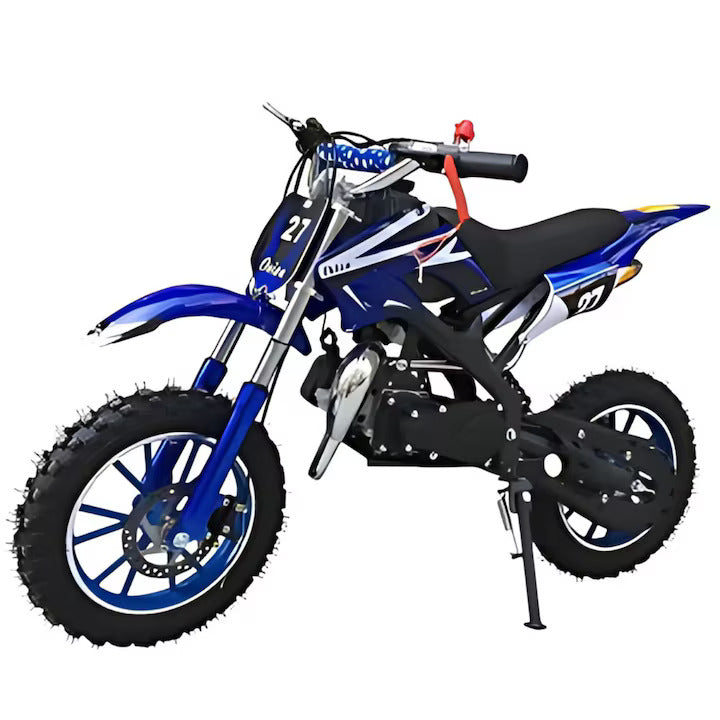 Motocicleta cross Macvi® pentru copii 49cc cu roti groase pornire usoara si motor pe benzina ideala pentru off road, Albastru