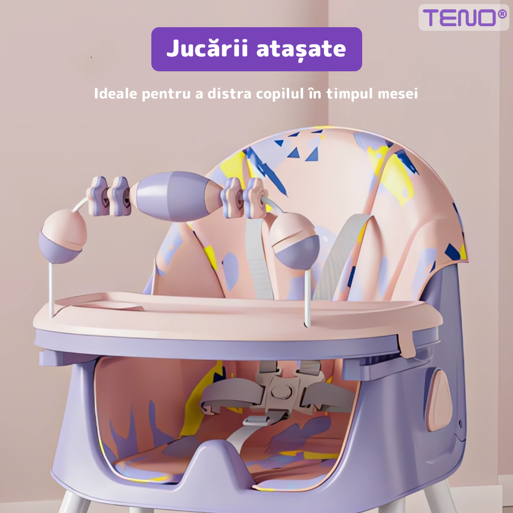 Scaun de Masa 3in1 pentru Bebelusi si Copii Teno®, centura de siguranta in 5 puncte, tavita reglabila si detasabila, loc depozitare jucarii, roz/mov