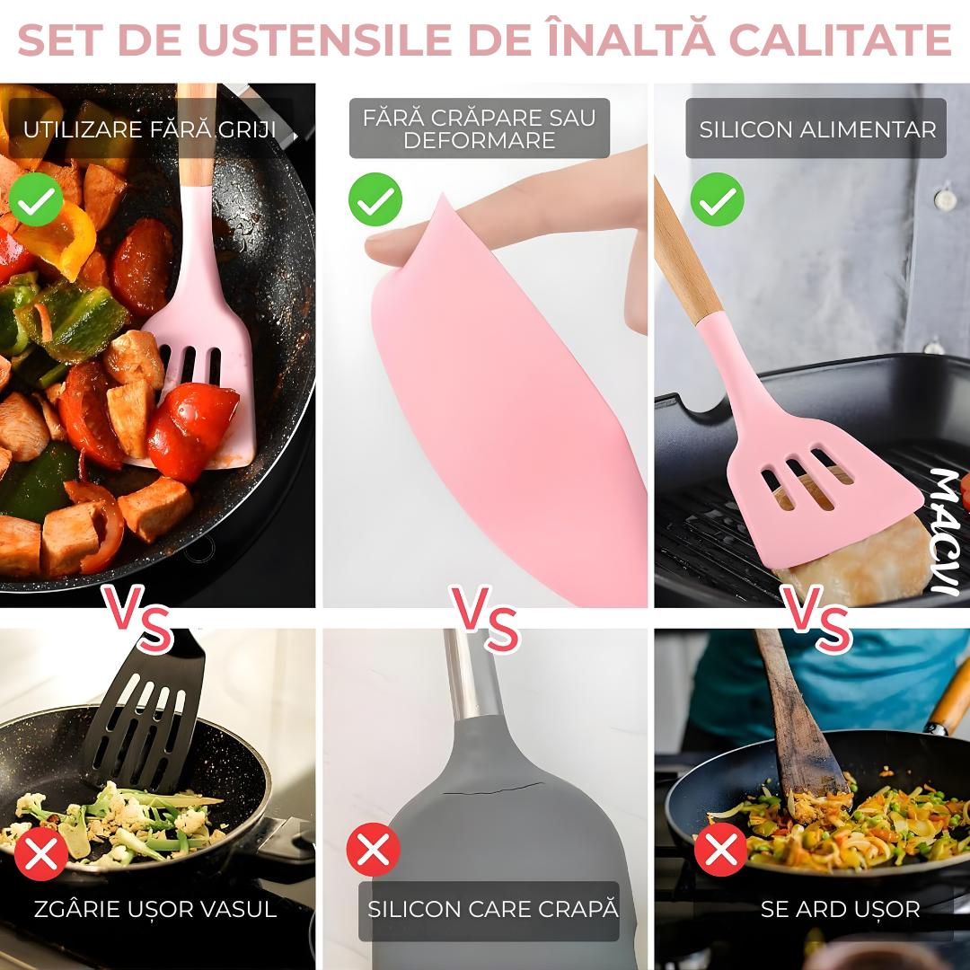 Set ustensile Macvi® bucatarie silicon premium 19 piese cu suport organizare cutite tocator linguri spatule fara BPA rezistente la temperaturi ridicate, Roz