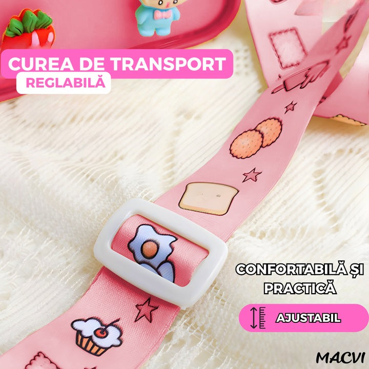 Sticla de Apa pentru Copii Macvi® Forma Toast, 380 ml, Fara BPA, Anti-Scurgere, Capac Etans, Curea Reglabila de Transport, Usor de Curatat, Roz