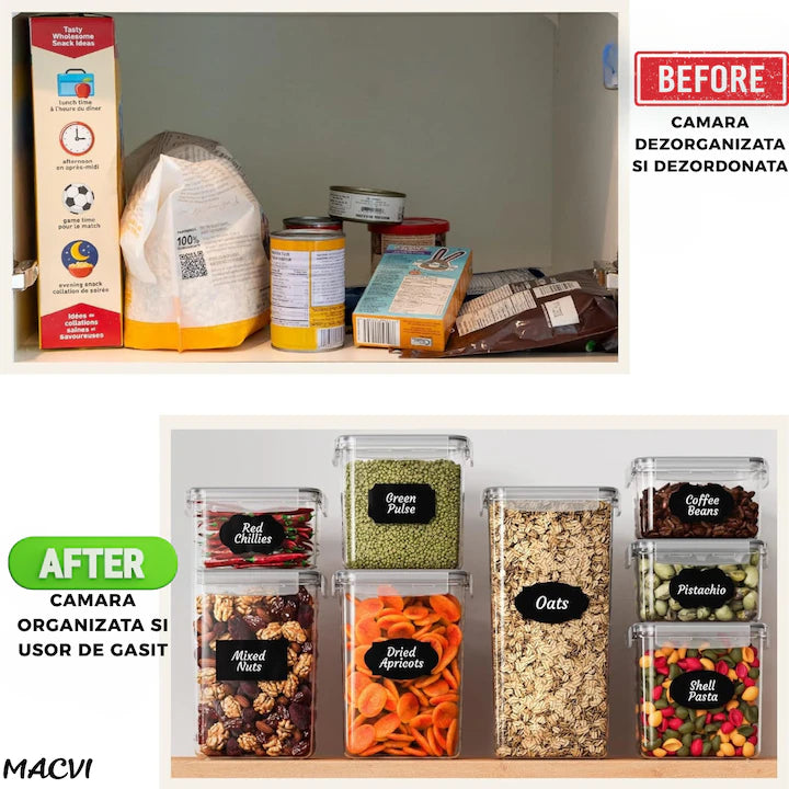 Set 42 organizatoare/recipiente Macvi® pentru depozitare alimentara, etanse, design minimalist, fara BPA, stocabile, cu etichete si lingurite incluse