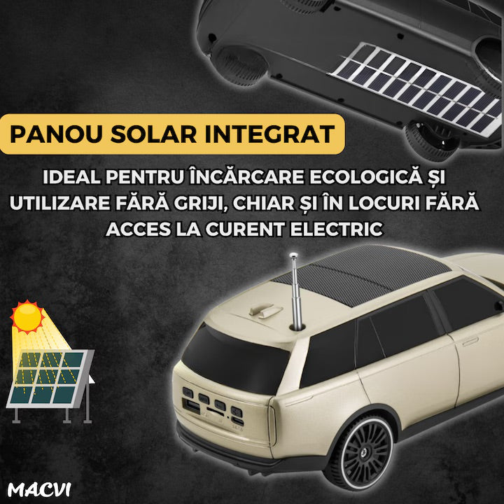Boxa Portabila Macvi®, Bluetooth 5.0 cu design de masina, faruri luminate, incarcare usb si panou solar, functie suport pentru telefon, bej