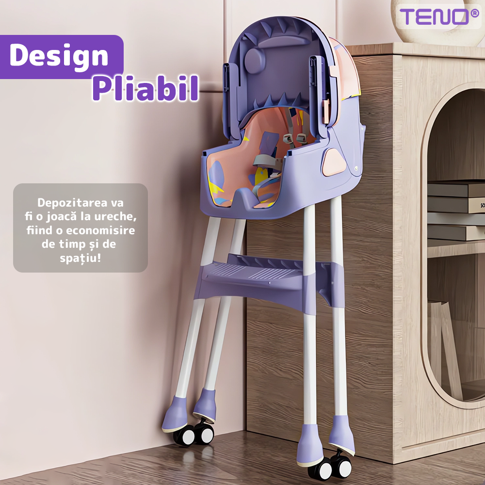 Scaun de Masa 3in1 pentru Bebelusi si Copii Teno®, centura de siguranta in 5 puncte, tavita reglabila si detasabila, loc depozitare jucarii, roz/mov