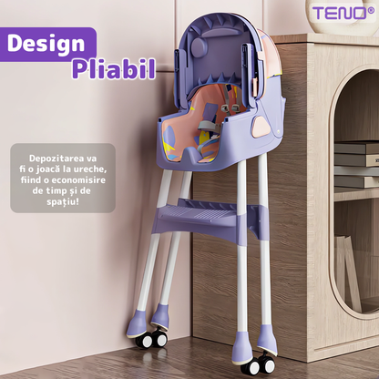 Scaun de Masa 3in1 pentru Bebelusi si Copii Teno®, centura de siguranta in 5 puncte, tavita reglabila si detasabila, loc depozitare jucarii(jucarii neincluse), roz/mov