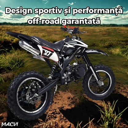 Motocicleta cross Macvi® pentru copii 49cc cu roti groase pornire usoara si motor pe benzina ideala pentru off road, Negru