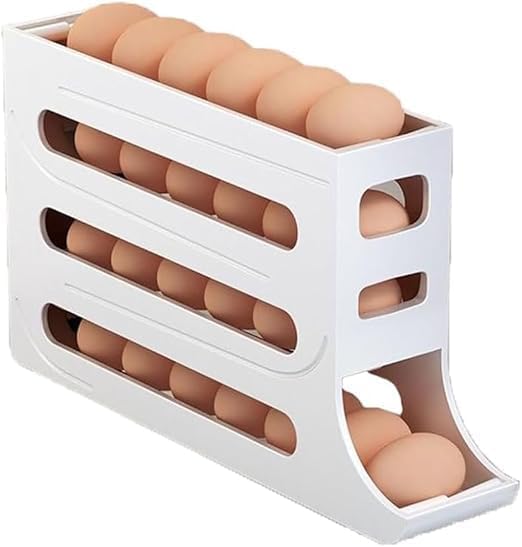 Suport organizator pentru oua Macvi®, 4 niveluri, rulare automata, 30 oua, 36x7x20 cm, alb, economisire inteligenta de spatiu in frigider