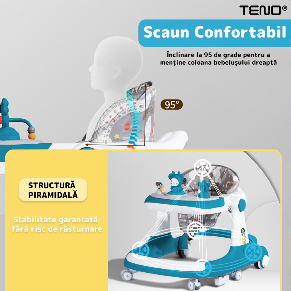 Premergator Multifunctional pentru Bebelusi Teno®, tava cu 3 jucarii, muzica, reglabil, pliabil, greutate max 20kg, 6-36 luni, albastru