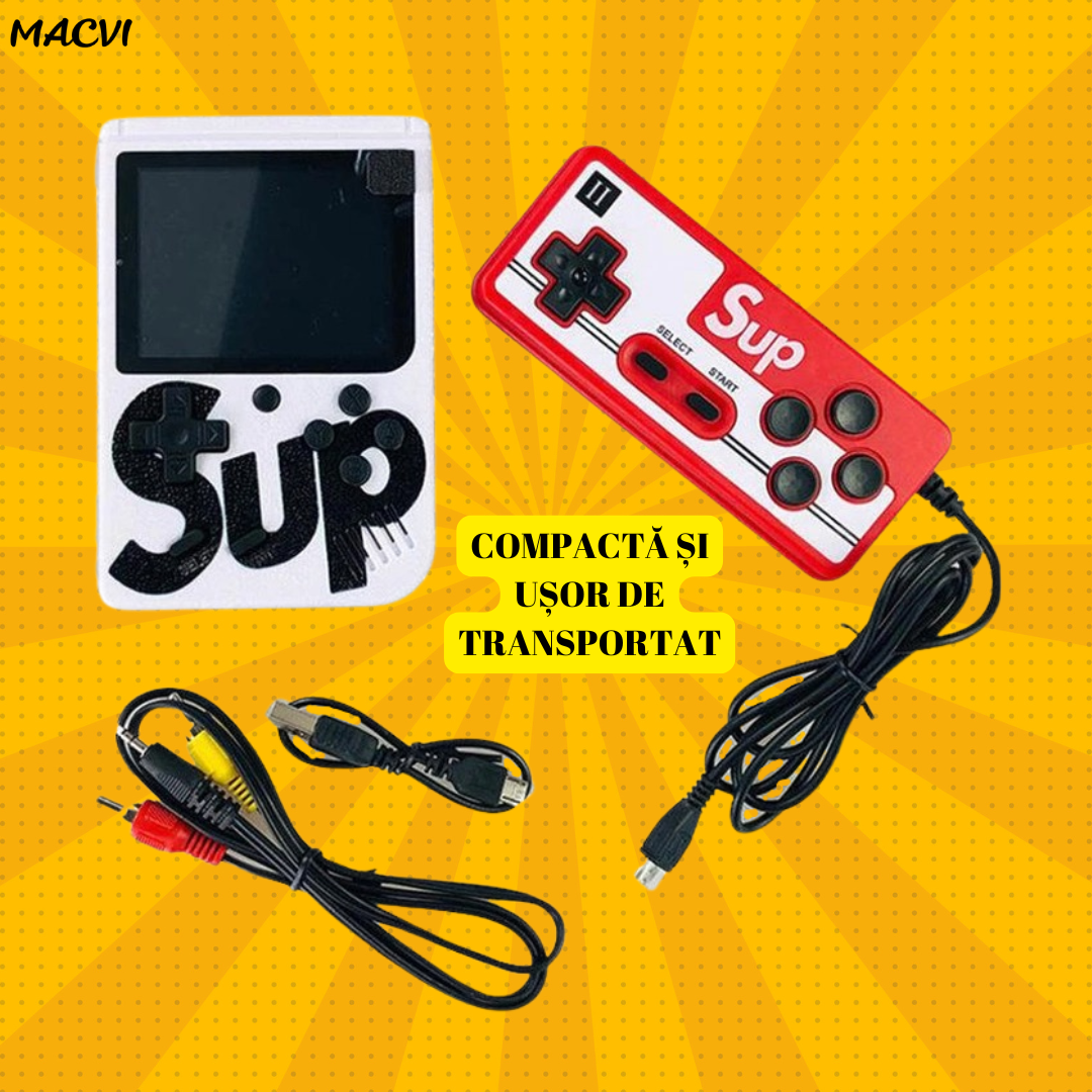 Mini Consola Retro Portabila Macvi® cu 400 Jocuri, 2 Jucatori, LCD Color 3 Inch, Baterie Reincarcabila, Conectare la Televizor, Culoare Rosu/Alb