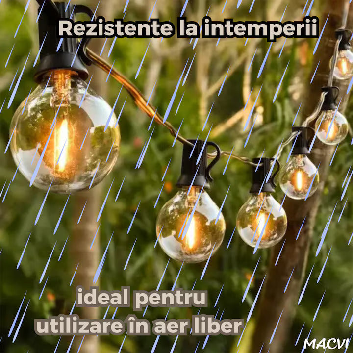 Ghirlanda luminoasa Macvi® led 8 metri cu 25 becuri G40 interconectabila rezistenta la exterior cu bec de rezerva inclus