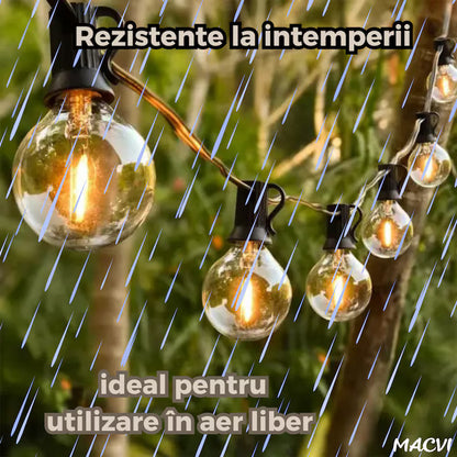 Ghirlanda luminoasa Macvi® led 8 metri cu 25 becuri G40 interconectabila rezistenta la exterior cu bec de rezerva inclus