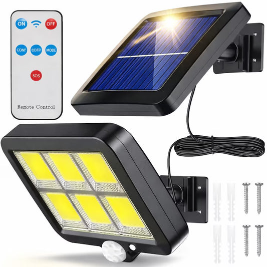 Lampa solara LED COB Macvi® 120 LED senzor miscare telecomanda panou solar reglabil cablu 5 m rotatie 360 grade IP65 rezistenta apa si praf lumina rece 30W