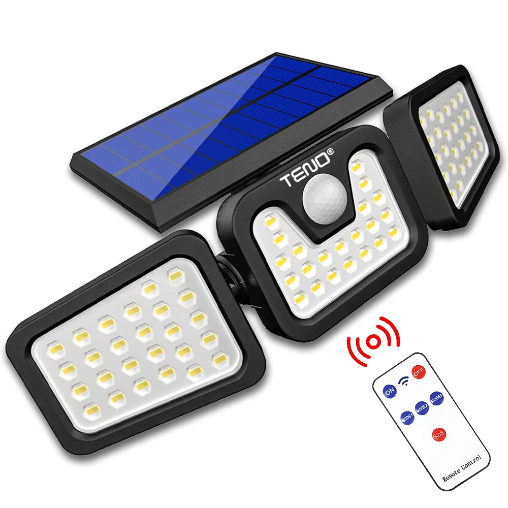 Lampa solara Teno, tripla, 72 LED-uri, senzor de miscare, protectie IP67, negru