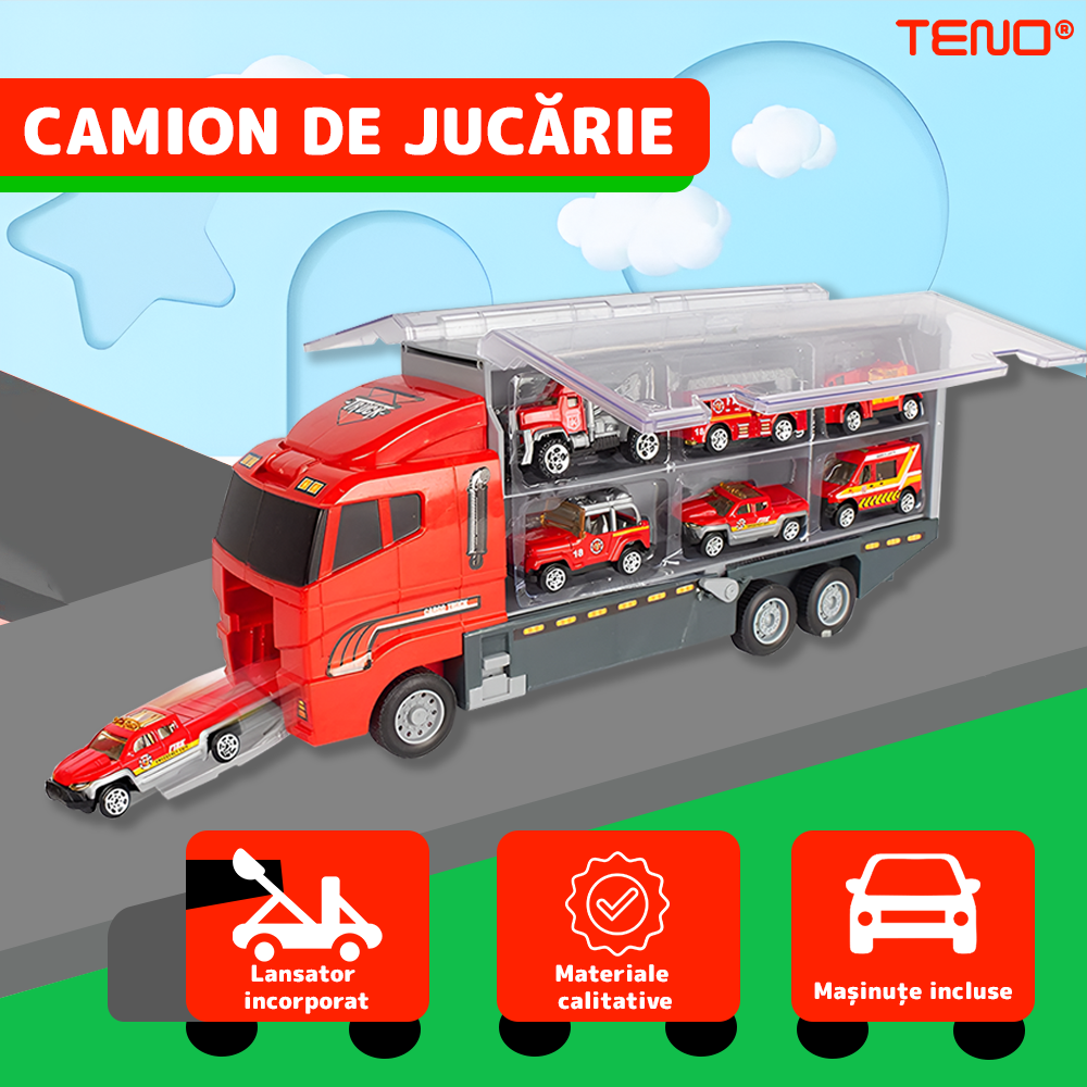 Set Camion Trailer de Jucarie pentru Transport Teno®, seria pompieri, 10 masinute incluse, ambulanta, utilaje, tir, accesorii mobile, lansator si rampa frontala, platforma tractare, rosu