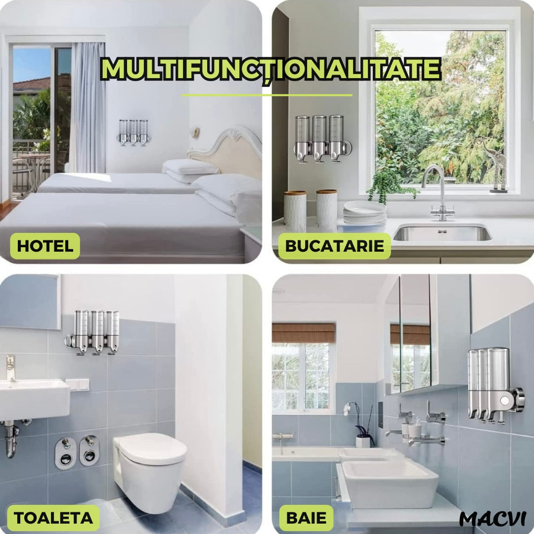 Dispenser 3 in 1 pentru Sapun, Sampon si Balsam Macvi® Montabil pe Perete, Transparent, pentru Baie si Bucatarie