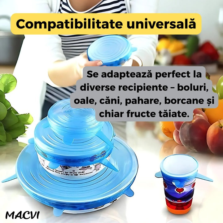 Set 6 Capace din Silicon Flexibil Macvi® Reutilizabile, Etanse, pentru Pastrarea Alimentelor, Albastru si Transparent