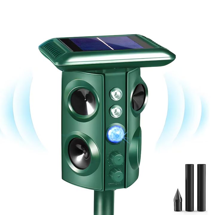 Aparat Macvi® cu ultrasunete anti-daunatori, 360°, anti animale salbatice, incarcare solara/USB, senzori PIR, LED-uri stroboscopice, waterproof, verde, dublu