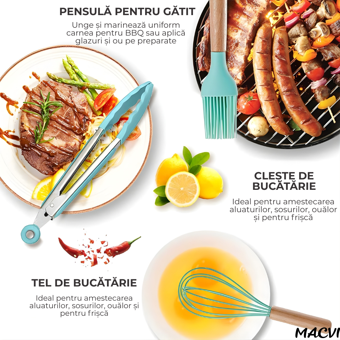 Set ustensile Macvi® bucatarie silicon premium 19 piese cu suport organizare cutite tocator linguri spatule fara BPA rezistente la temperaturi ridicate, Turcoaz