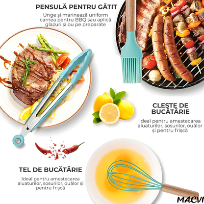 Set ustensile Macvi® bucatarie silicon premium 19 piese cu suport organizare cutite tocator linguri spatule fara BPA rezistente la temperaturi ridicate, Turcoaz