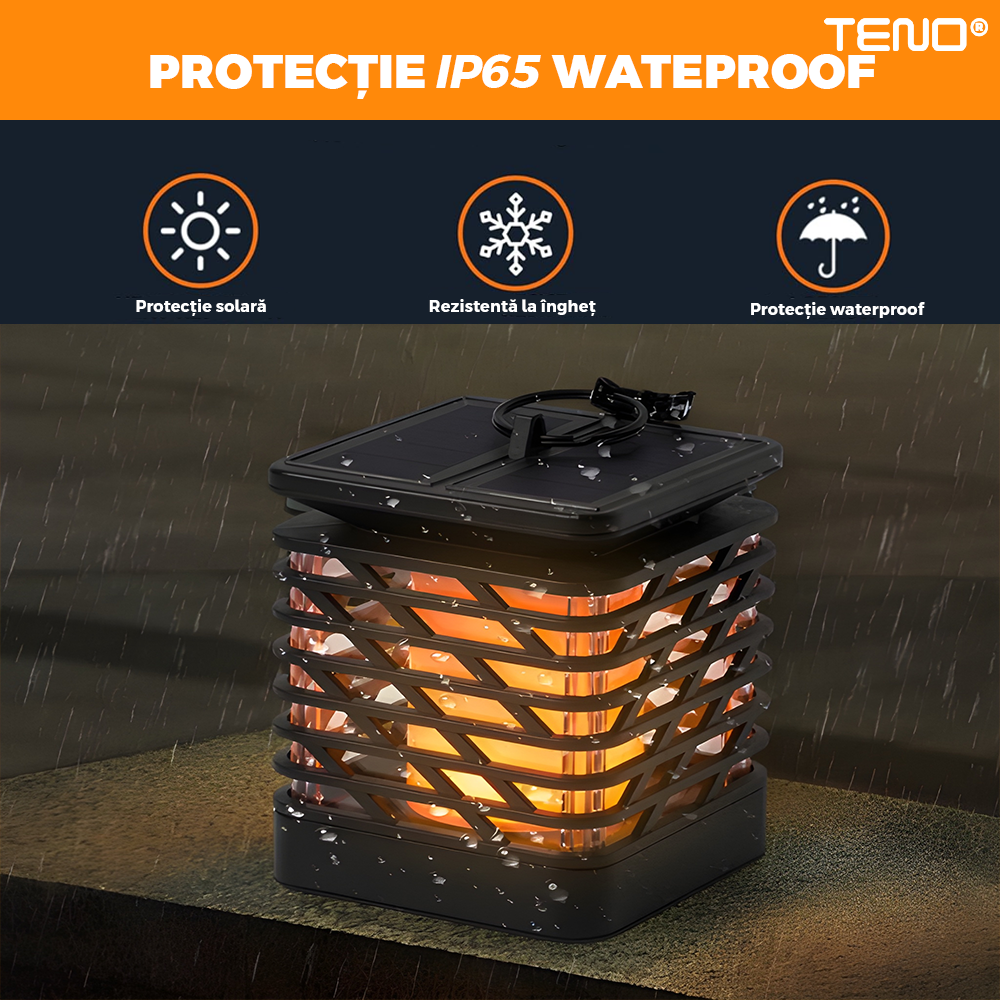 Lampa Solara Tip Flacara Teno®, pentru gradina, balcon, exterior, panou solar rezistent, efect de flacara, incarcare diurna, autonomie 8-12 ore, baterie niMH, protectie IP65 waterproof, negru