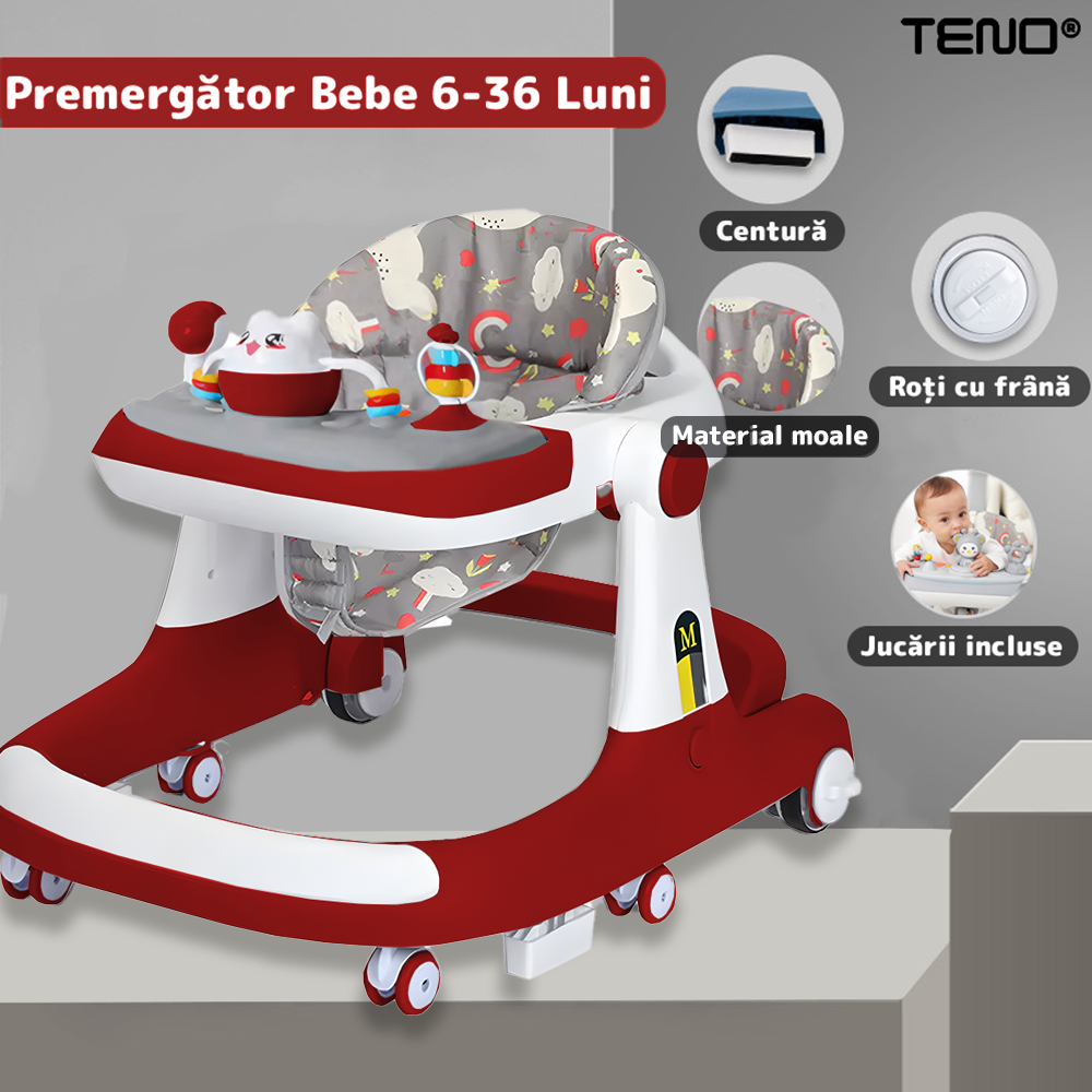 Premergator Multifunctional pentru Bebelusi Teno®, tava cu 3 jucarii, pisica, muzica, reglabil, pliabil, greutate max 20kg, 6-36 luni, rosu