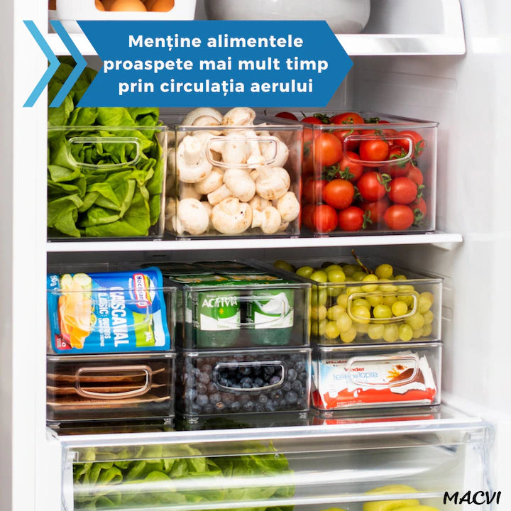 Set 6 organizatoare Macvi® pentru frigider, ABS durabil, fara BPA, stocabile, cu manere integrate, 26×15 cm, transparente