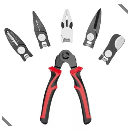 Set 5 in 1 patent multifunctional Macvi®, din otel, taietor cablu, dezizolator, cleste, sertizare, taietor, foarfeca, cu husa de depozitare, maner anticurentare si design ergonomic