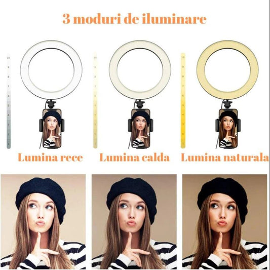 Lampa Circulara Profesionala LED Macvi®, Diametru 35 cm (14 inch), Conectare USB, 3 Moduri de Lumina