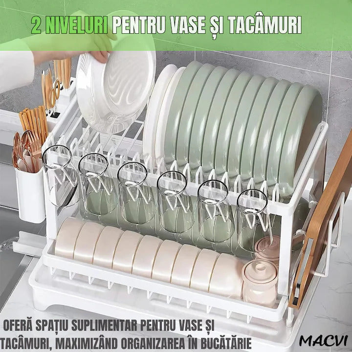 Uscator de vase supraetajat Macvi®, 2 niveluri, suport pentru tacamuri si pahare, tava scurgere, metal rezistent, 42x30x29 cm, alb