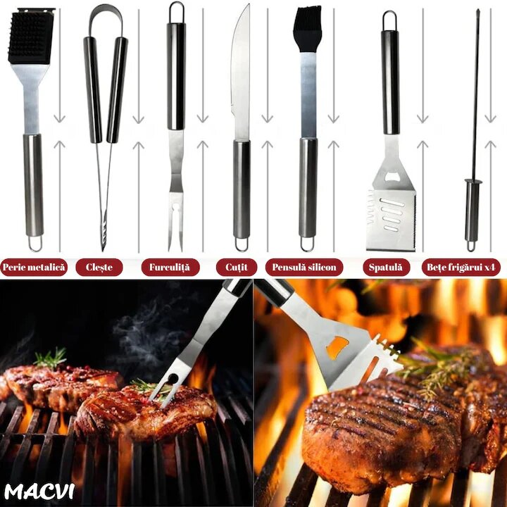 Set 10 ustensile pentru gratar Macvi® din otel inoxidabil premium, geanta transport aluminiu captusita, accesorii pentru un gratar reusit