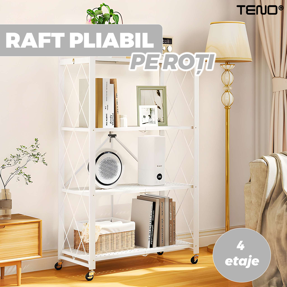 Raft universal Teno, metal, pliabil, pe roti, alb, 119x40x160cm
