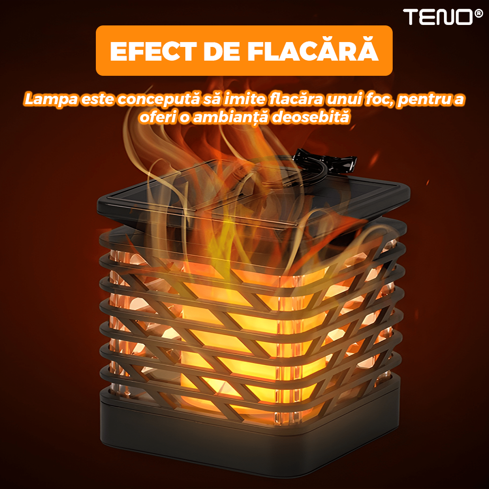 Lampa Solara Tip Flacara Teno®, pentru gradina, balcon, exterior, panou solar rezistent, efect de flacara, incarcare diurna, autonomie 8-12 ore, baterie niMH, protectie IP65 waterproof, negru