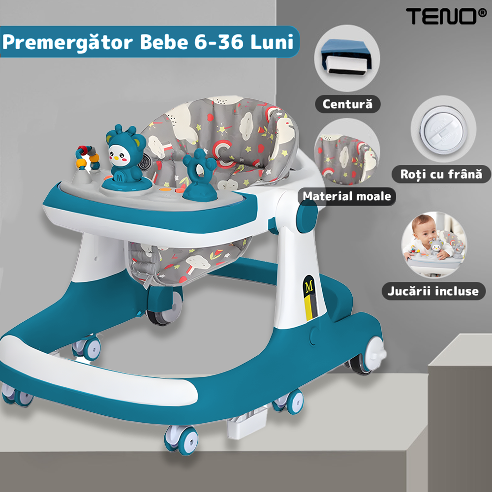 Premergator Multifunctional pentru Bebelusi Teno®, tava cu 3 jucarii, muzica, reglabil, pliabil, greutate max 20kg, 6-36 luni, albastru