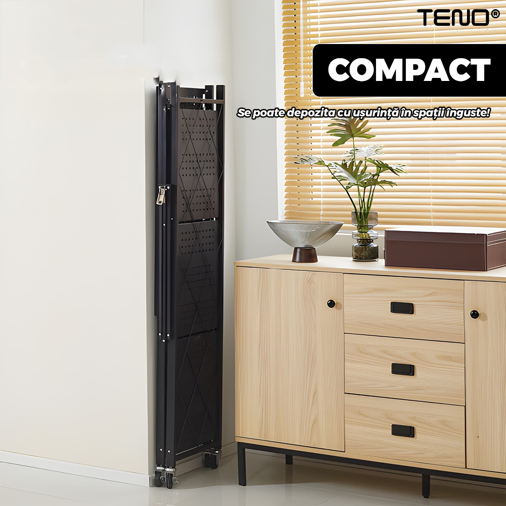 Raft universal, Teno, 4 polite, pliabil, pe roti, metal, negru, 119 cm