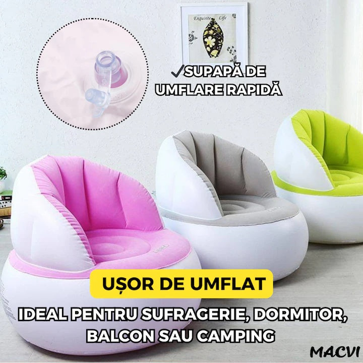 Scaun gonflabil confortabil cu pompa inclusa, design modern, dimensiuni 85x70 cm, ideal pentru interior si exterior, GALBEN