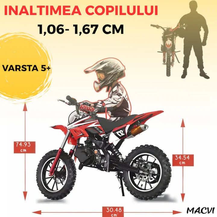 Motocicleta cross Macvi® pentru copii 49cc cu roti groase pornire usoara si motor pe benzina ideala pentru off road, Rosu