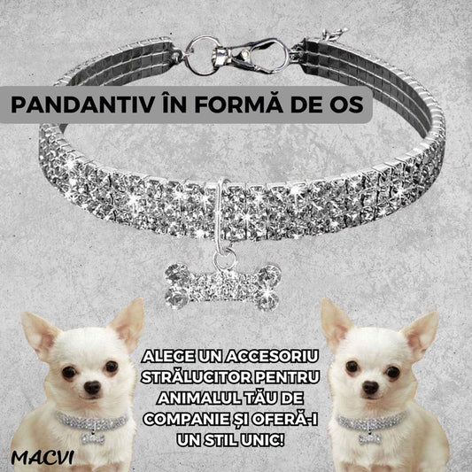 Zgarda pentru caini de talie mica Macvi® cu cristale stralucitoare, design elegant, ajustabila, argintiu