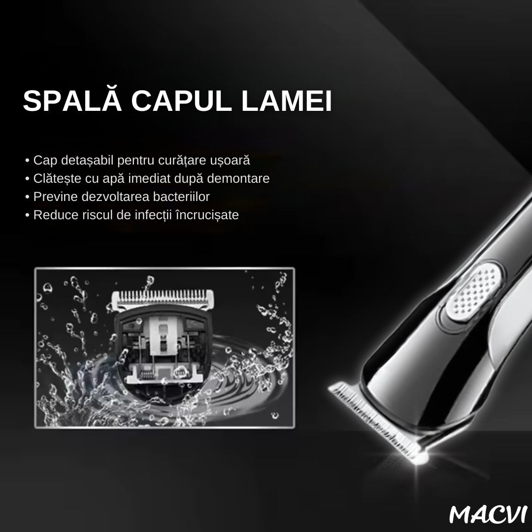 Aparat de tuns fara fir Macvi® cu stand, lame din otel, negru/argintiu, performanta inalta