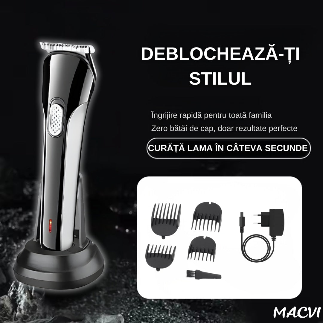 Aparat de tuns fara fir Macvi® cu stand, lame din otel, negru/argintiu, performanta inalta