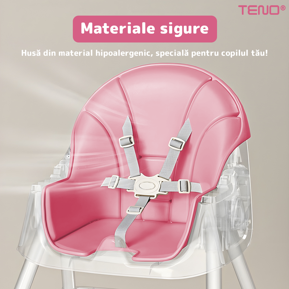 Scaun de Masa 3in1 pentru Bebelusi si Copii Teno®, centura de siguranta in 5 puncte, tavita reglabila si detasabila, loc depozitare jucarii, roz pastel