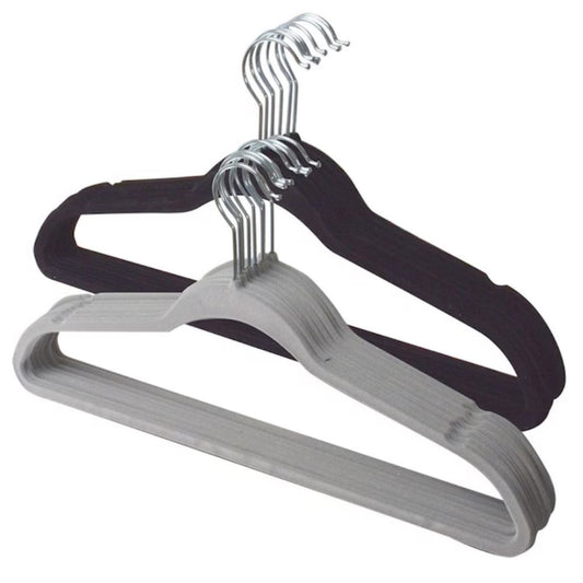 Set 16 Umerase Macvi® Catifea Antialunecare, Slim, cu Bara pentru Pantaloni si Scobituri, Carlig 360°, 44.5x23 cm, Gri/Negru