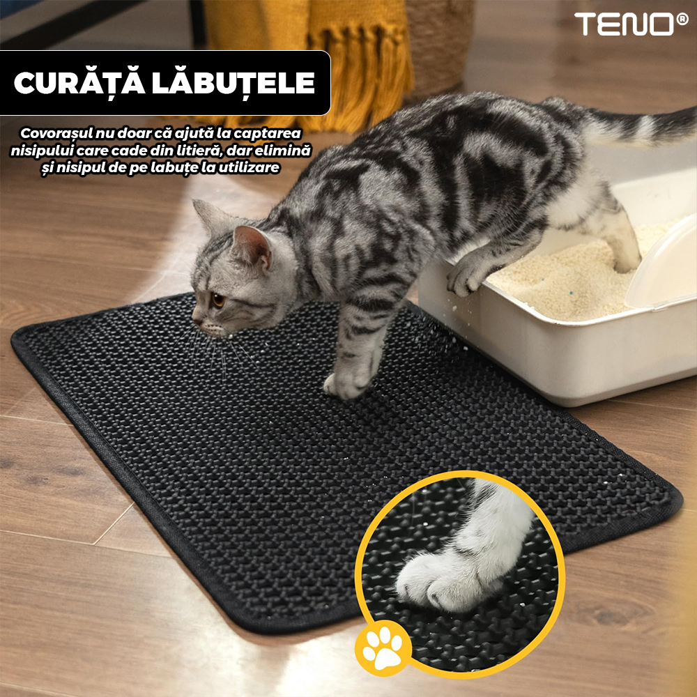 Covor pentru Litiera Pisicii Teno®, colectarea granulelor de nisip de diverse dimensiuni, waterproof, antiderapant, curata labutele pisicii, 45 x 60 cm, negru