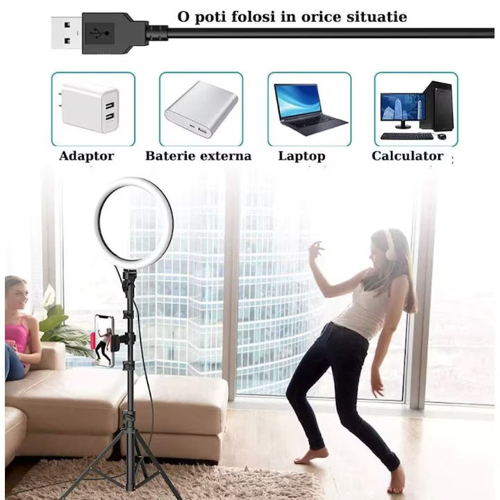 Lampa Circulara Profesionala Ring Light LED Macvi®, Diametru 30 cm (12 inch), Conectare USB, 3 Moduri de Lumina