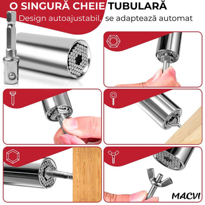 Adaptor cheie universala Macvi® 7-19 mm cu pini metalici ajustabili cap tubular multifunctional din otel aliat pentru bormasina si clichet, prindere ferma pe suruburi uzate