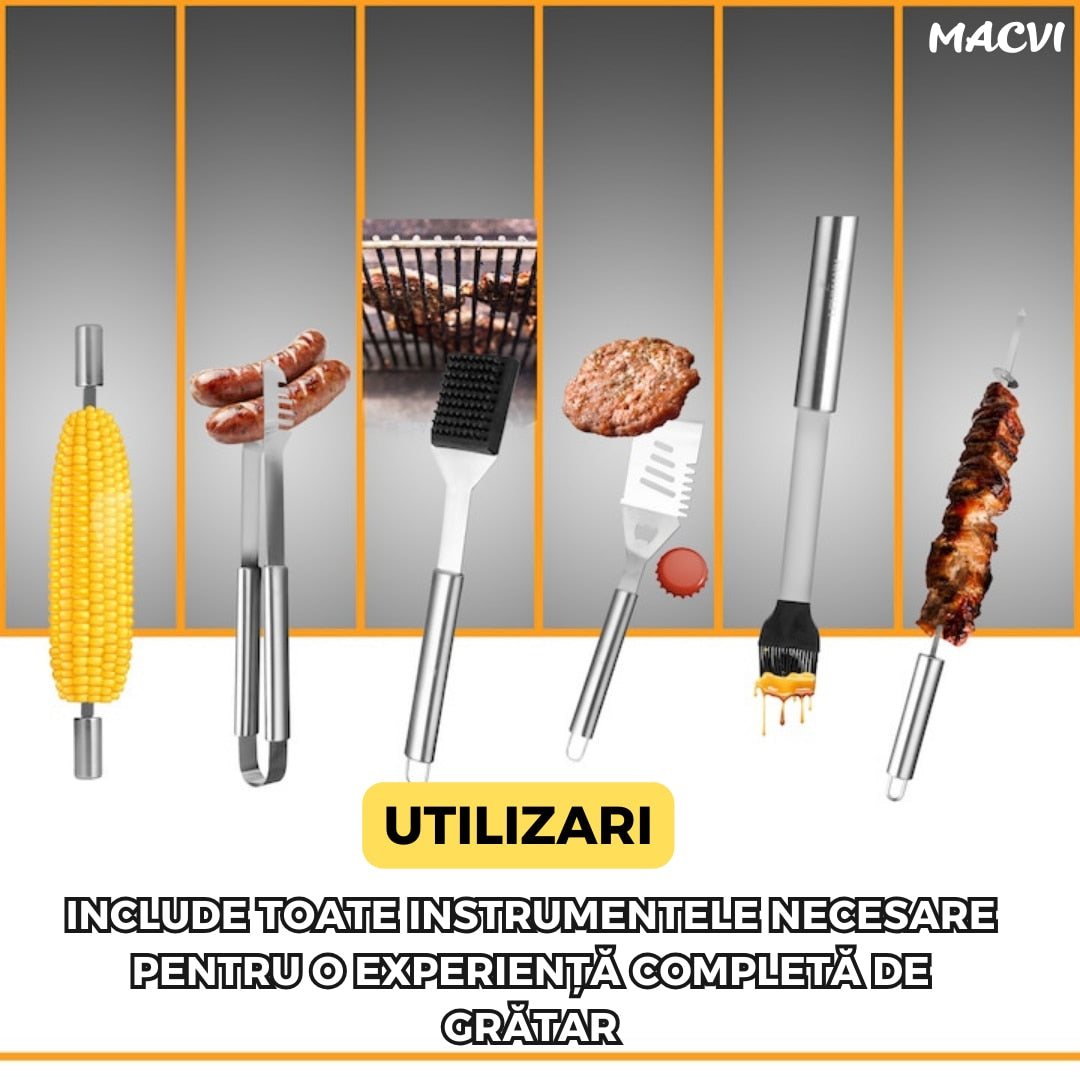 Set accesorii gratar Macvi® 25 piese, otel inoxidabil premium, geanta transport aluminiu captusita 43x27x8cm