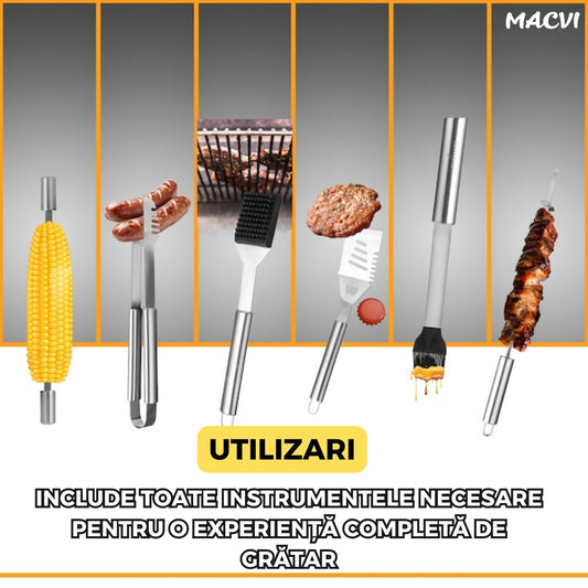Set accesorii gratar Macvi® 25 piese, otel inoxidabil premium, geanta transport aluminiu captusita 43x27x8cm
