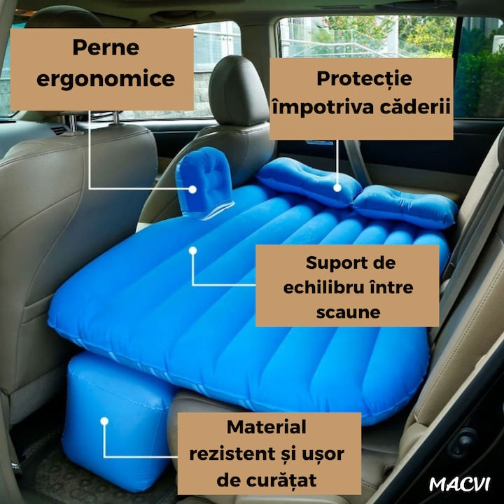 Saltea Gonflabila Auto Macvi® cu Perne si Suport de Echilibru, Ideala pentru Bancheta din Spate, Camping, Calatorii si Relaxare, Albastru