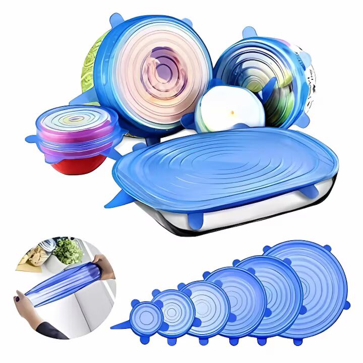 Set 6 Capace din Silicon Flexibil Macvi® Reutilizabile, Etanse, pentru Pastrarea Alimentelor, Albastru si Transparent