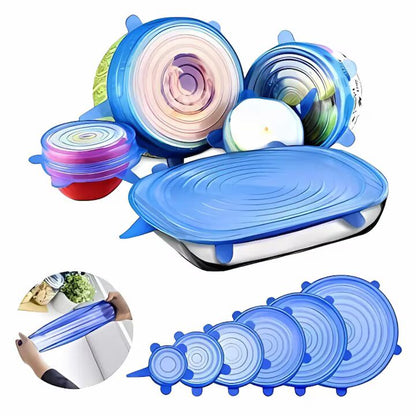 Set 6 Capace din Silicon Flexibil Macvi® Reutilizabile, Etanse, pentru Pastrarea Alimentelor, Albastru si Transparent